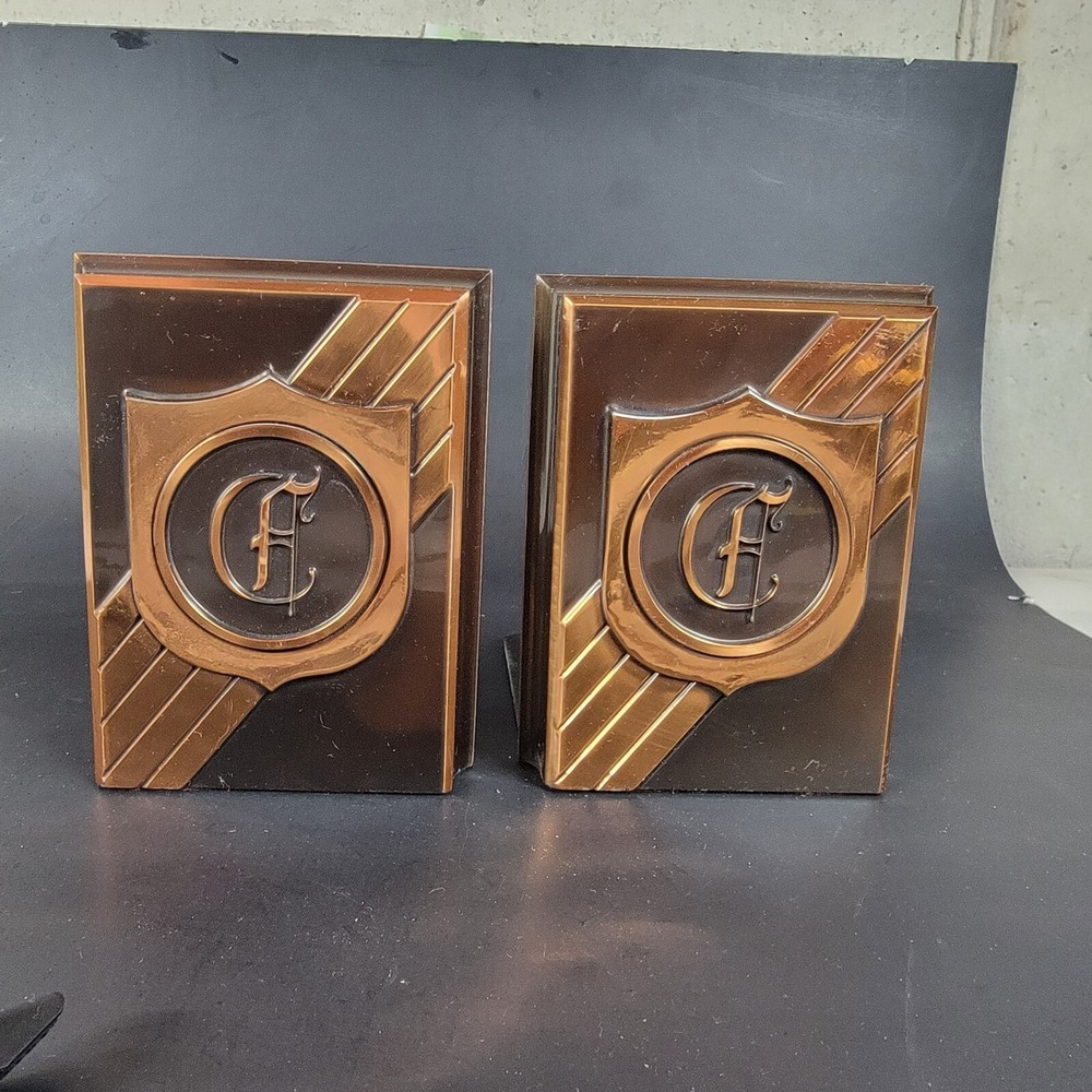 Handsome ANTIGUE EMBOSSED COPPER BOOKENDS With The Letter "C" On A Shield Design